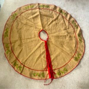 Michaels Burlap Christmas Tree Skirt Red Trim & Ties Embroidered Green Pine Tan
